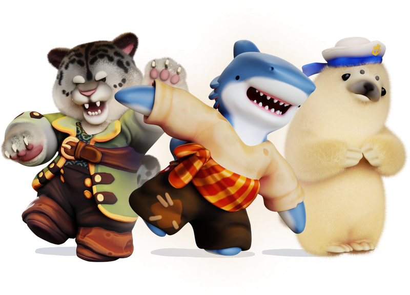 Leopard, shark and seal characters