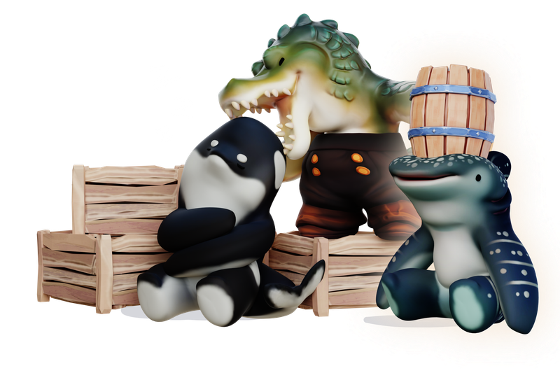 Crocodile, orca and shark whale characters